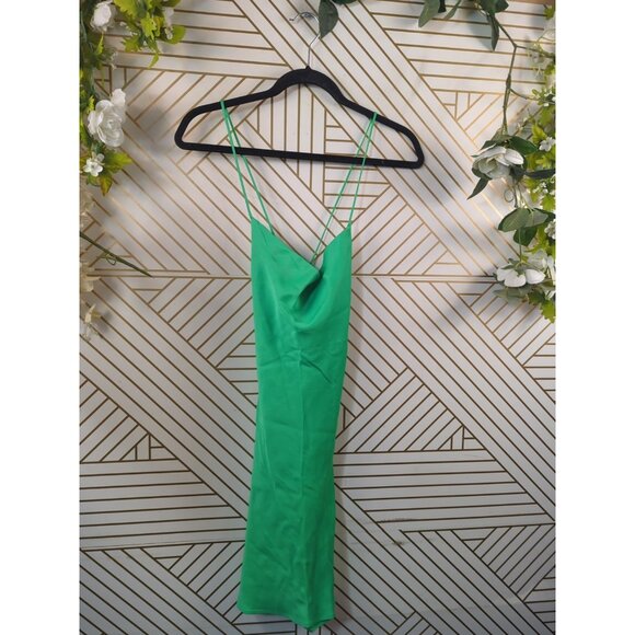 Zara Green Satin Effect Slip Mini Dress Cowl Neck Crisscross Straps Size Medium - Picture 3 of 6
